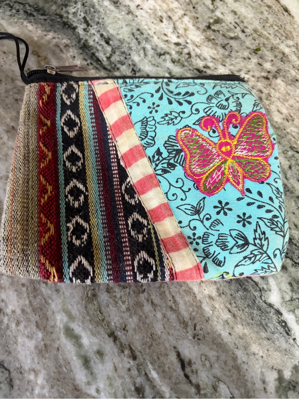 Embroidered Butterfly Patchwork Cosmetic Bag in Turquoise